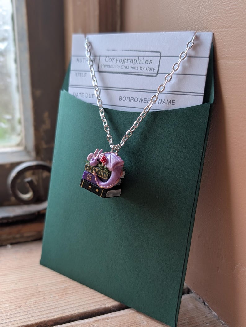 Lavender Book Dragon Necklace with Moss and Mushroom, Handmade Polymer Clay Fantasy Jewellery image 13