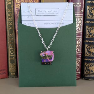 Lavender Book Dragon Necklace with Moss and Mushroom, Handmade Polymer Clay Fantasy Jewellery image 4