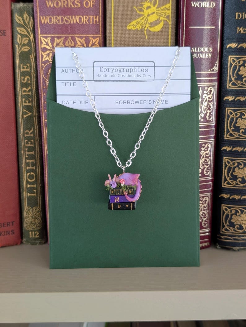 Lavender Book Dragon Necklace with Moss and Mushroom, Handmade Polymer Clay Fantasy Jewellery image 4
