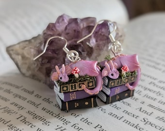 Lavender Book Dragon Earrings, Fantasy Polymer Clay Art Jewellery