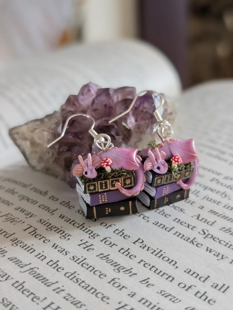 Lavender Book Dragon Earrings with Moss and Mushroom, Handmade Polymer Clay Fantasy Jewellery image 1