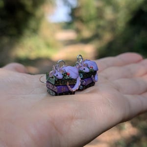 Lavender Book Dragon Earrings with Moss and Mushroom, Handmade Polymer Clay Fantasy Jewellery image 9