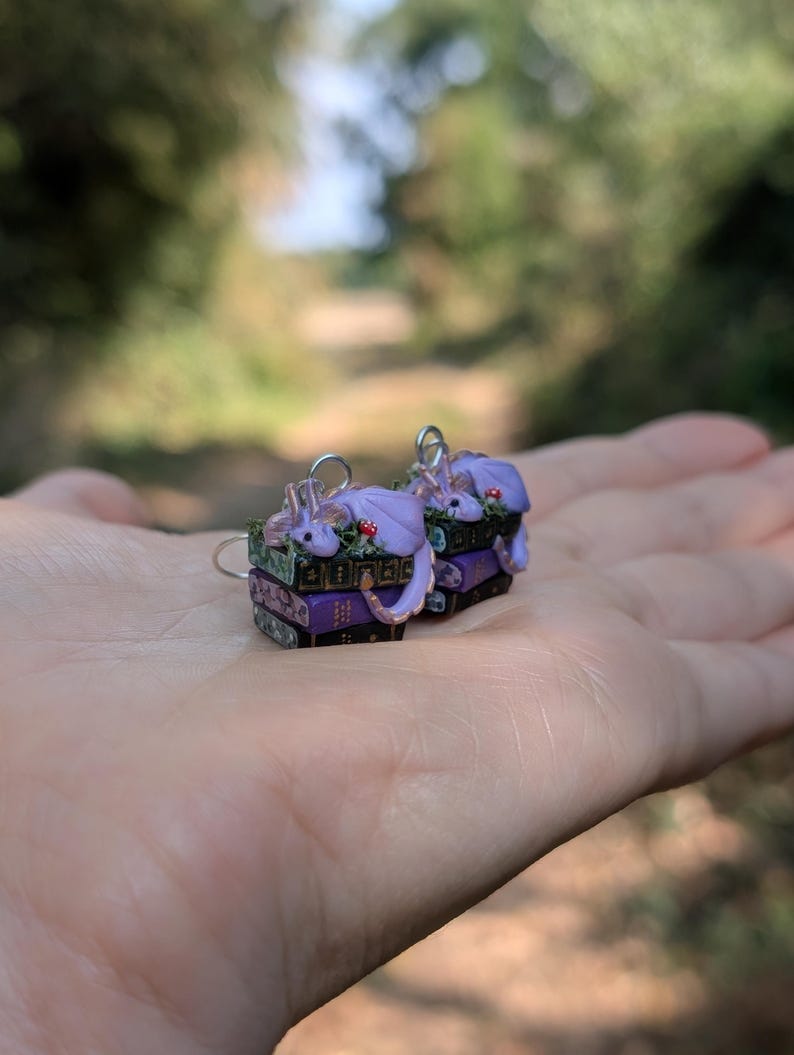 Lavender Book Dragon Earrings with Moss and Mushroom, Handmade Polymer Clay Fantasy Jewellery image 9