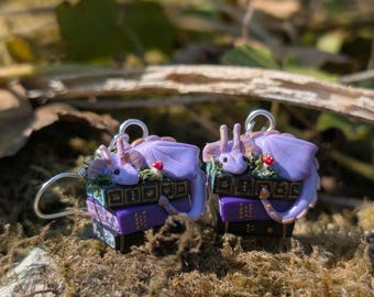 Handmade Lavender Book Dragon Earrings, Polymer Clay Dragon on Books, Fantasy Jewelry