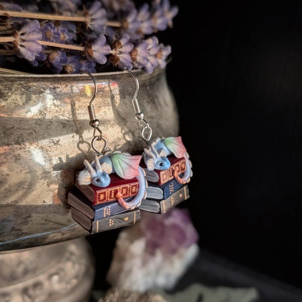 Book Dragon Earrings - Jewelry for Bookworms by Coryographies, Handmade Polymer Clay Art