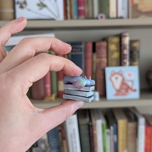 May include: A miniature figurine of a sleeping unicorn with a rainbow-colored mane and tail, resting atop a stack of tiny books. The figurine is held in a hand, with a backdrop of a bookshelf filled with books.