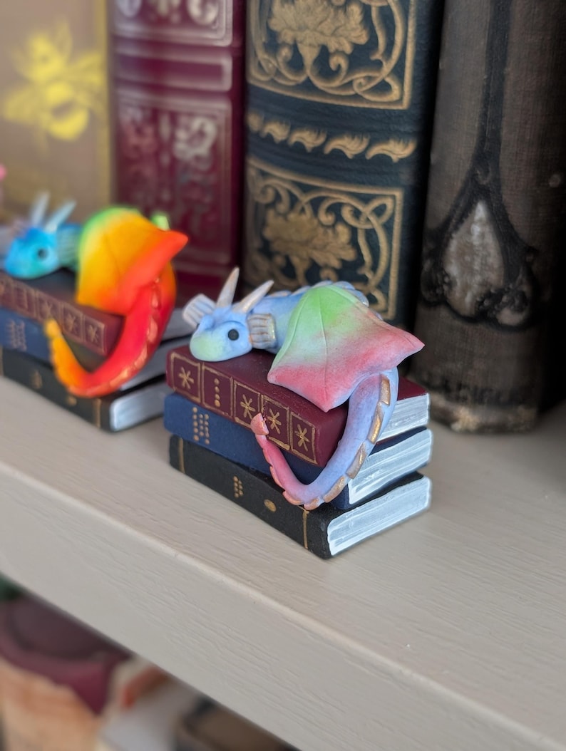 Book Dragon Figurine, Desk or Bookshelf Buddy, Miniature Handmade Polymer Clay Statuette image 5