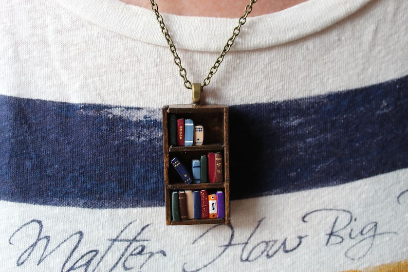 Bookshelf Necklace Little Antique Bookshelf Book Jewelry by Coryographies Made to Order image 8