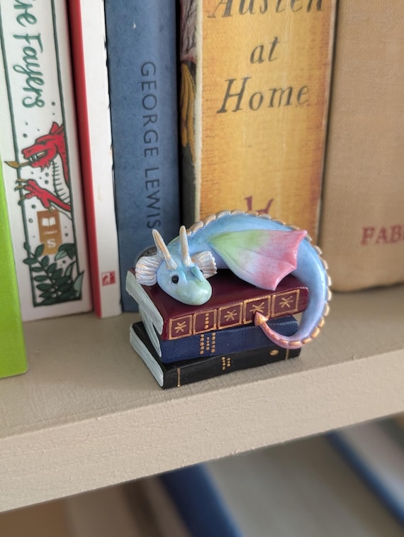 Book Dragon Figurine, Desk or Bookshelf Buddy, Miniature Handmade Polymer Clay Statuette