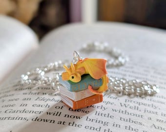 Golden Book Dragon Necklace - Handmade Polymer Clay Art Pendant