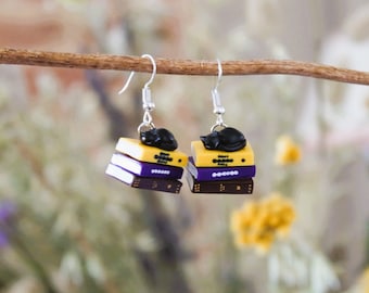Black Cat on a Stack of Books Earrings - Book Jewelry by Coryographies