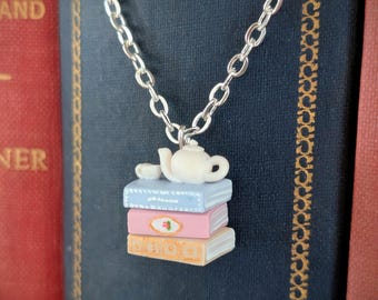 Tea Drinker's Necklace - Teapot and Teacup on a Stack of Books - Book Jewelry by Coryographies