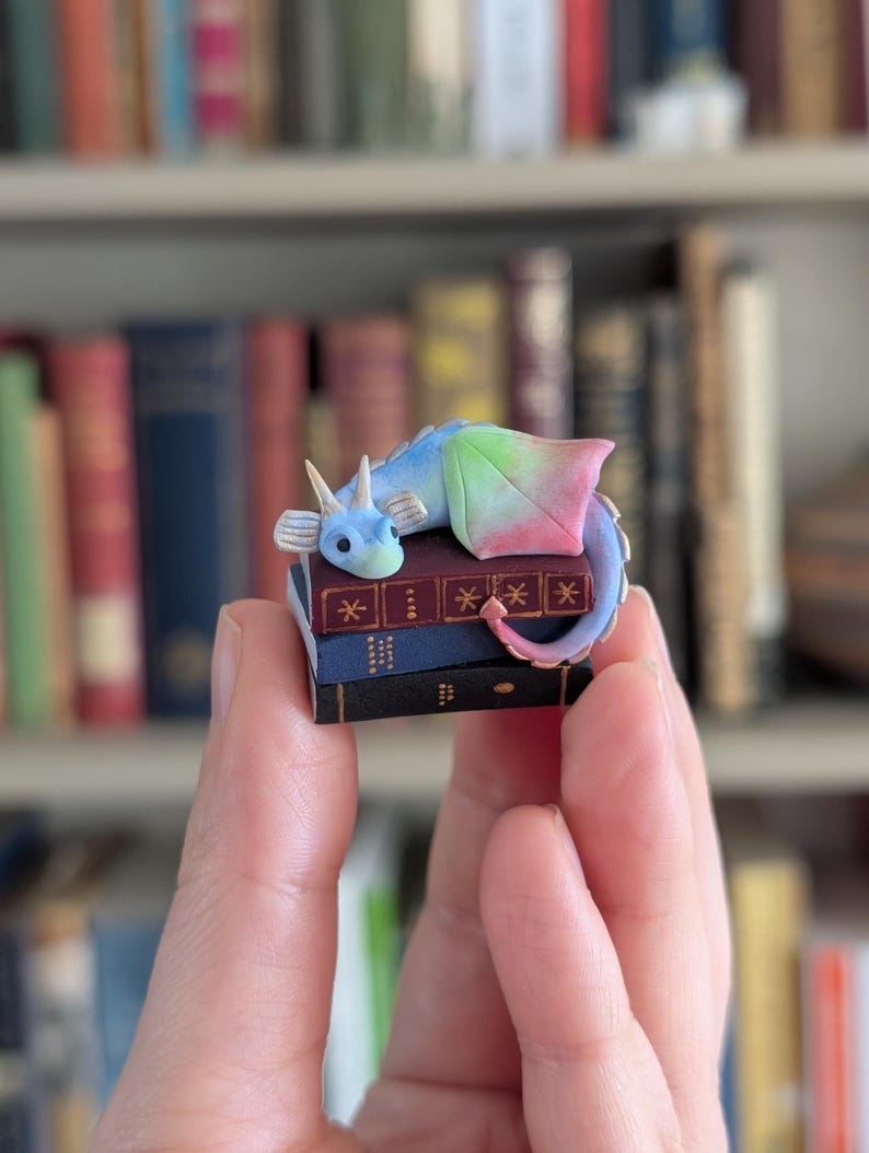 Book Dragon Figurine, Desk or Bookshelf Buddy, Miniature Handmade Polymer Clay Statuette image 1