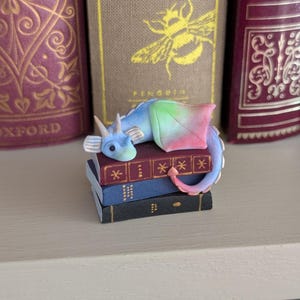 Book Dragon Figurine, Desk or Bookshelf Buddy, Miniature Handmade Polymer Clay Statuette image 8