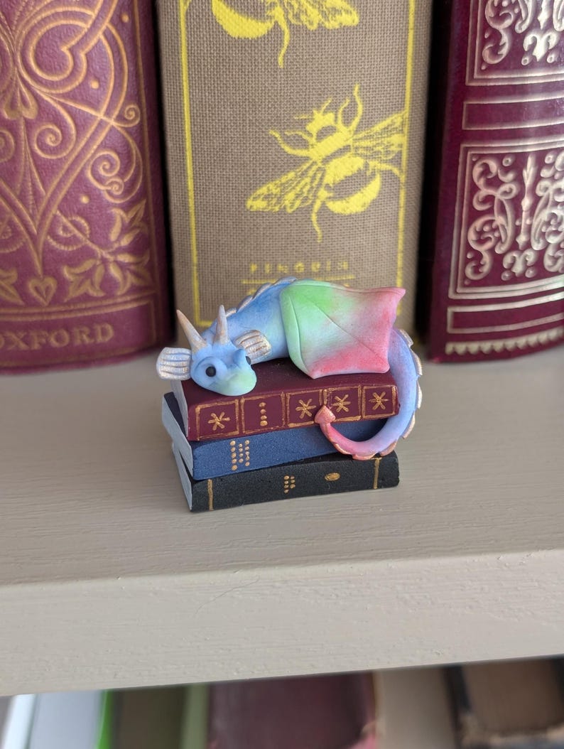 Book Dragon Figurine, Desk or Bookshelf Buddy, Miniature Handmade Polymer Clay Statuette image 8
