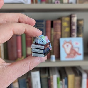 May include: A miniature fantasy figurine of a sleeping unicorn with a blue, pink, and green mane and tail, resting on a stack of tiny books. The books are black, blue, and brown. The figurine is held in front of a bookshelf filled with books.