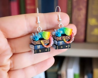 Rainbow Book Dragon Earrings – Handmade Polymer Clay Jewelry