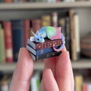 Book Dragon Figurine, Desk or Bookshelf Buddy, Miniature Handmade Polymer Clay Statuette image 4