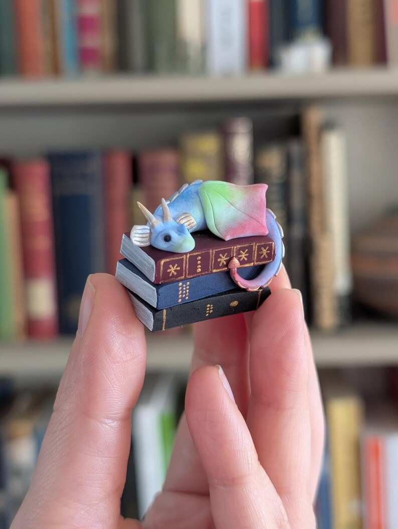 Book Dragon Figurine, Desk or Bookshelf Buddy, Miniature Handmade Polymer Clay Statuette image 4