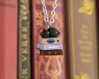 Black Cat Book Necklace, Handmade Polymer Clay Book Jewellery