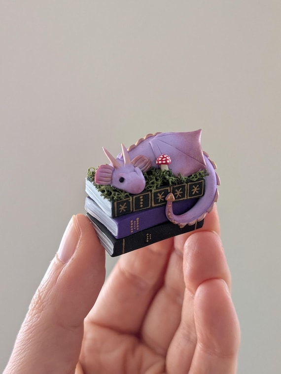 Woodland Book Dragon Figurine, Desk or Bookshelf Buddy in Lavender, Green or Gold, 3.5cm Handmade Polymer Clay Statuette, No Moulds