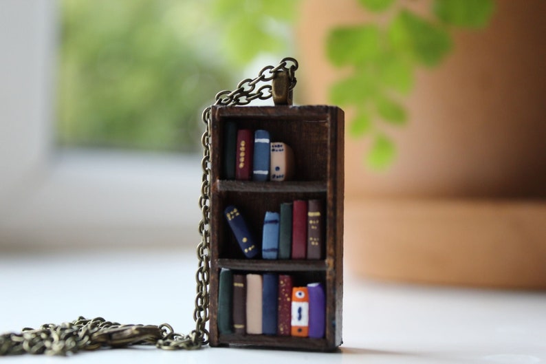 Bookshelf Necklace Little Antique Bookshelf Book Jewelry by Coryographies Made to Order image 5