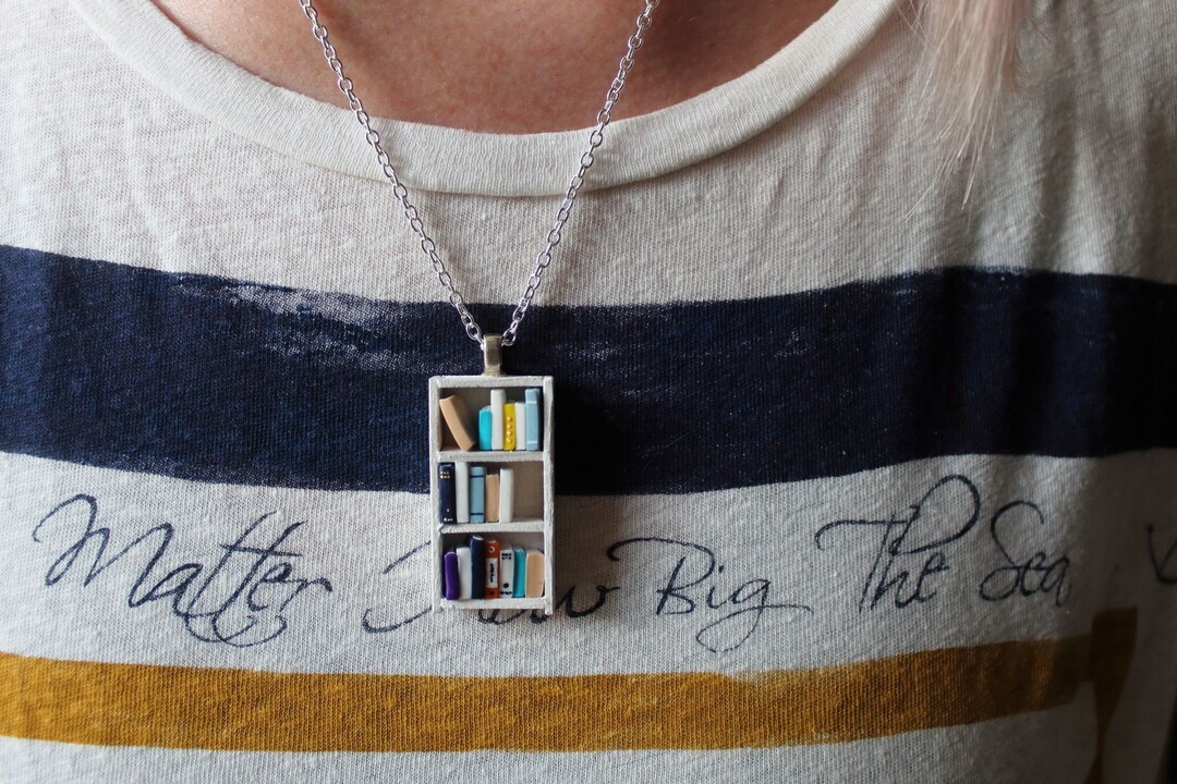White Bookshelf Necklace Book Jewelry by Coryographies in Etsy