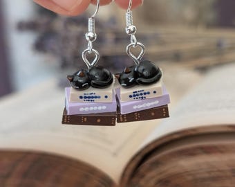 Black Cat on a Stack of Books Earrings - Book Jewelry by Coryographies