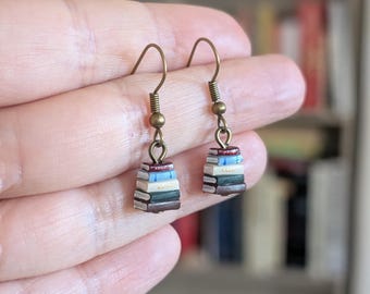 Teeny Tiny Stack of Books Earrings, Dainty Polymer Clay Charm, Bronze Hooks - Book Jewellery Handmade by Coryographies