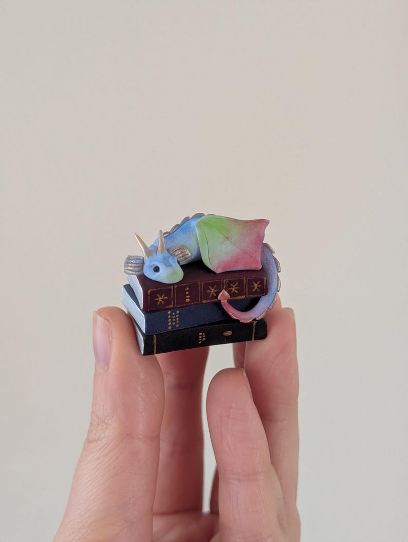 Book Dragon Figurine, Desk or Bookshelf Buddy, Miniature Handmade Polymer Clay Statuette image 7