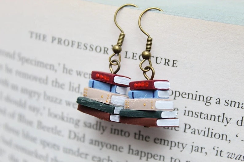 Stack of Books Earrings, Library Colours, Bronze Hooks Made to Order Book Jewellery by Coryographies image 1