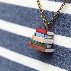 Stack of Books Necklace Tiny pile of books on a bronze chain for bookworms and booklovers by Coryographies image 2