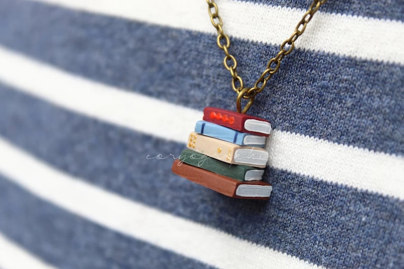 Stack of Books Necklace Tiny pile of books on a bronze chain for bookworms and booklovers by Coryographies image 2