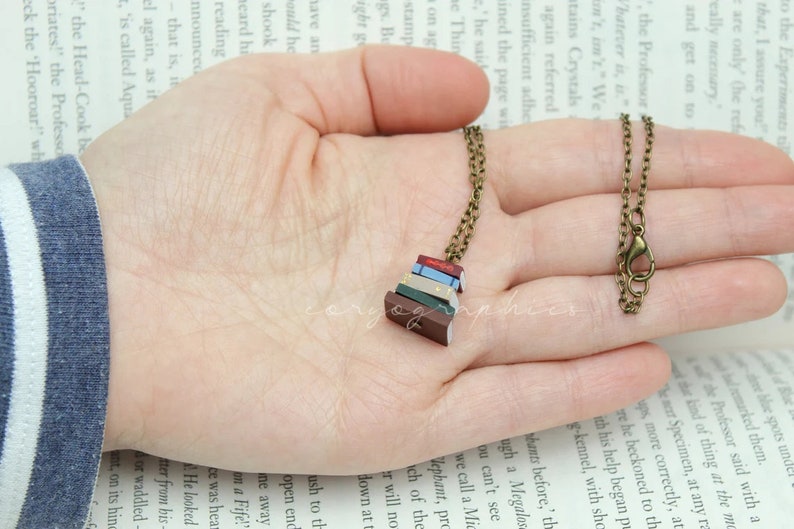 Stack of Books Necklace Tiny pile of books on a bronze chain for bookworms and booklovers by Coryographies image 5