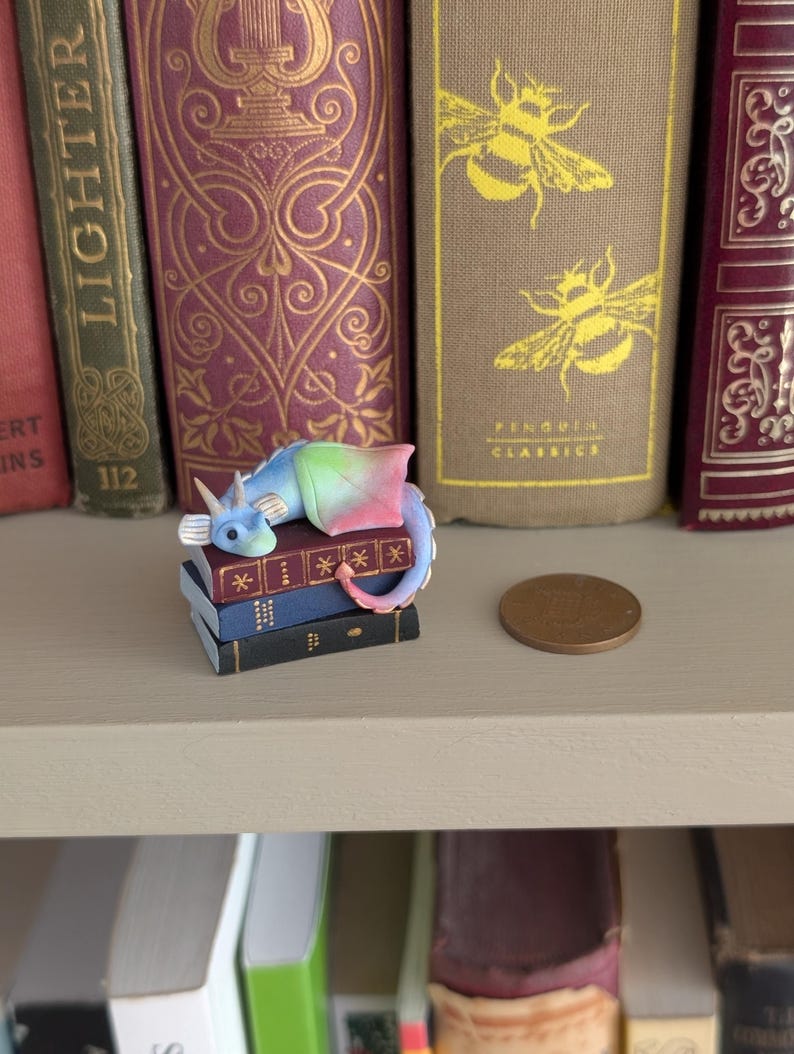 Book Dragon Figurine, Desk or Bookshelf Buddy, Miniature Handmade Polymer Clay Statuette image 3