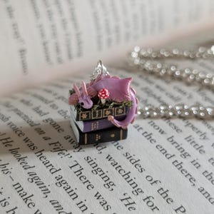 Lavender Book Dragon Necklace with Moss and Mushroom, Handmade Polymer Clay Fantasy Jewellery image 5
