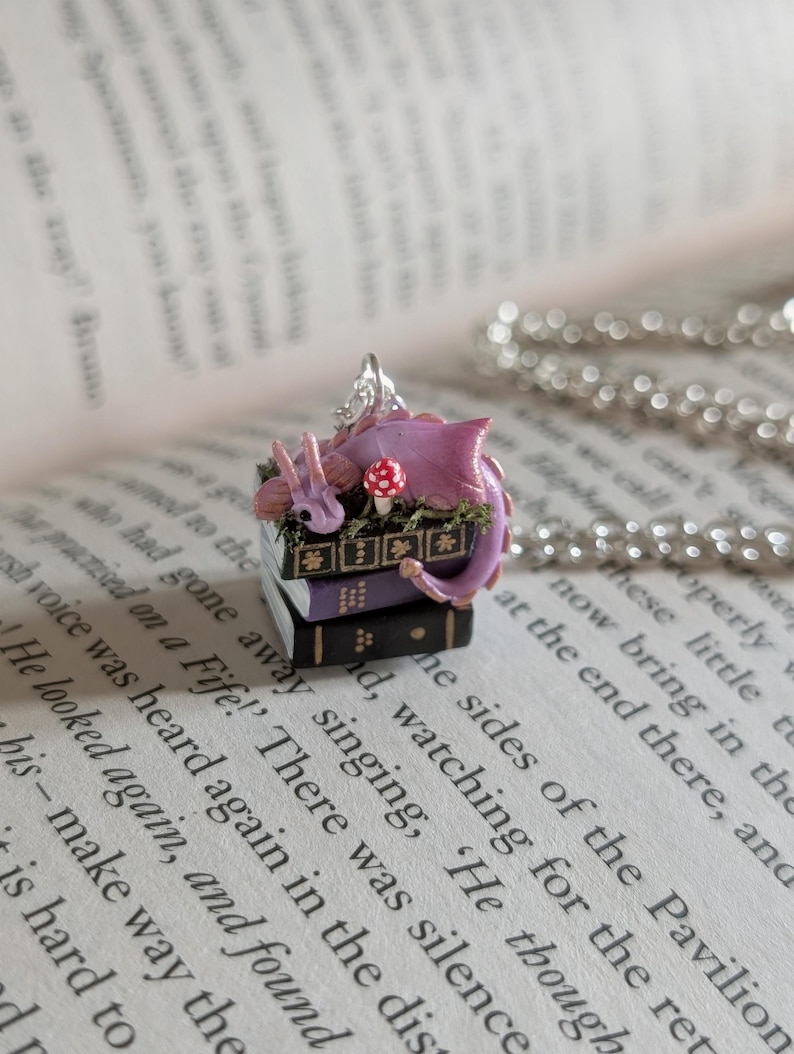 Lavender Book Dragon Necklace with Moss and Mushroom, Handmade Polymer Clay Fantasy Jewellery image 5