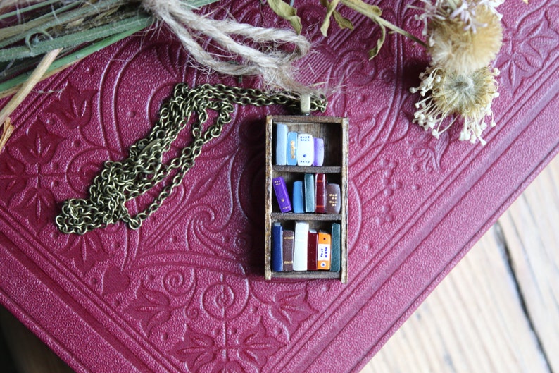 Bookshelf Necklace Little Antique Bookshelf Book Jewelry by Coryographies Made to Order image 2