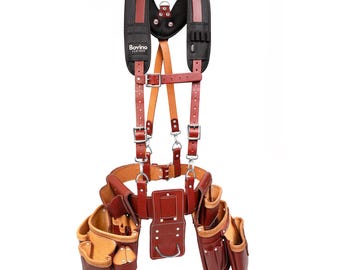 May include: A brown leather tool belt and suspender set with multiple pockets and pouches. The suspenders are black and red with the brand name "Bovino Leather". The belt has a brown leather phone holder.