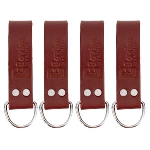 May include: Four identical dark red leather straps, each featuring a silver-toned metal D-ring at the bottom secured by two silver rivets. The leather is embossed with the text Bovino Leather, oriented vertically along the length of each strap.