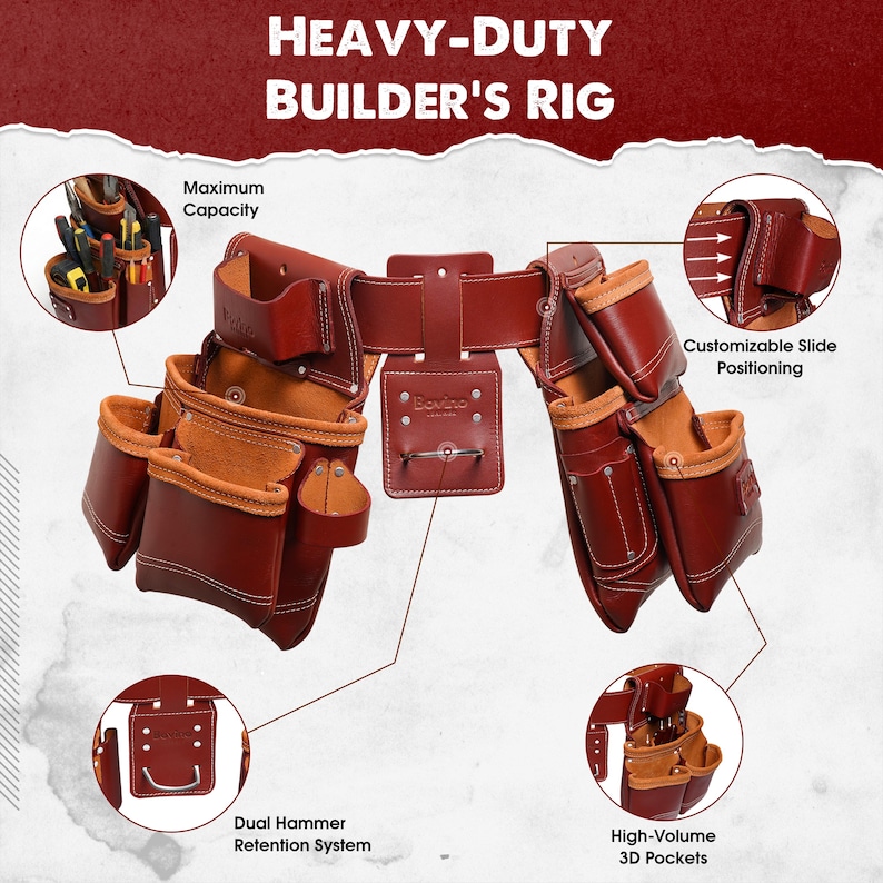 Handmade Full-Grain Buffalo Leather Tool Belt, 19 Pocket Work Belt image 2