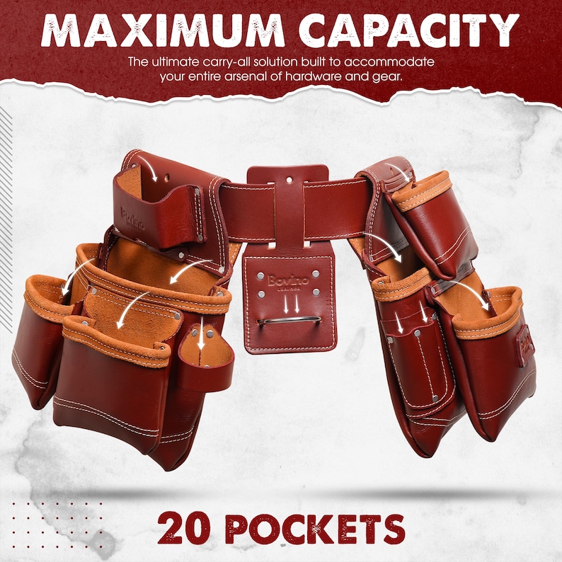 Handmade Full-Grain Buffalo Leather Tool Belt, 19 Pocket Work Belt image 4