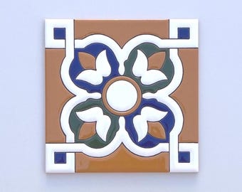 Handmade Spanish Ceramic Tile, Decorative Floral Medallion, 15x15cm