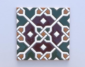 Handmade Spanish Ceramic Tile, Decorative Moorish Design (15 x 15 cm)