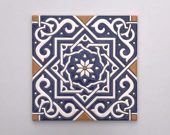 Handgefertigte spanische Keramikfliese, dekorative Kunst Cuerda Seca (15 x 15 cm)
