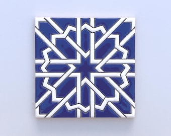 Handmade Spanish Ceramic Tile, Decorative Blue & White, 4.33"