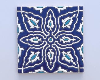 Handgefertigte spanische Keramikfliese, dekorative Cuerda Seca-Kunst (15 x 15 cm)