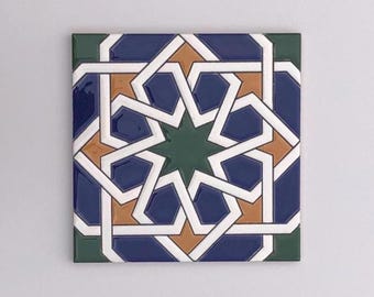 Handmade Spanish Ceramic Tile, Geometric Decor (15x15 cm)