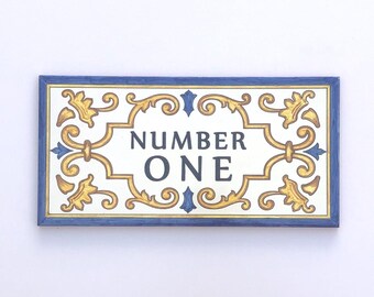 Handmade Ceramic Address Sign, Spanish Tile, "Number One" (14 x 28 cm)