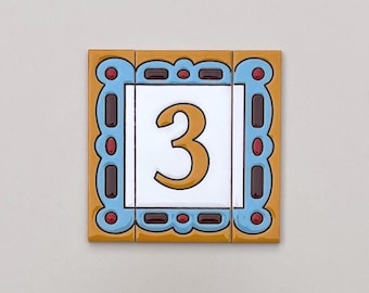 Handmade Ceramic Wall Number, "ÁGATA", Hand-Painted Spanish Address Tile, 5.5 x 11 cm